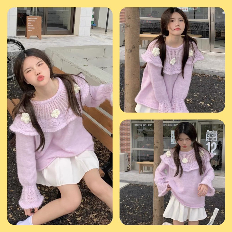 Áo Len Tím Tay Loe Đính Bông Hoa Siêu Xinh