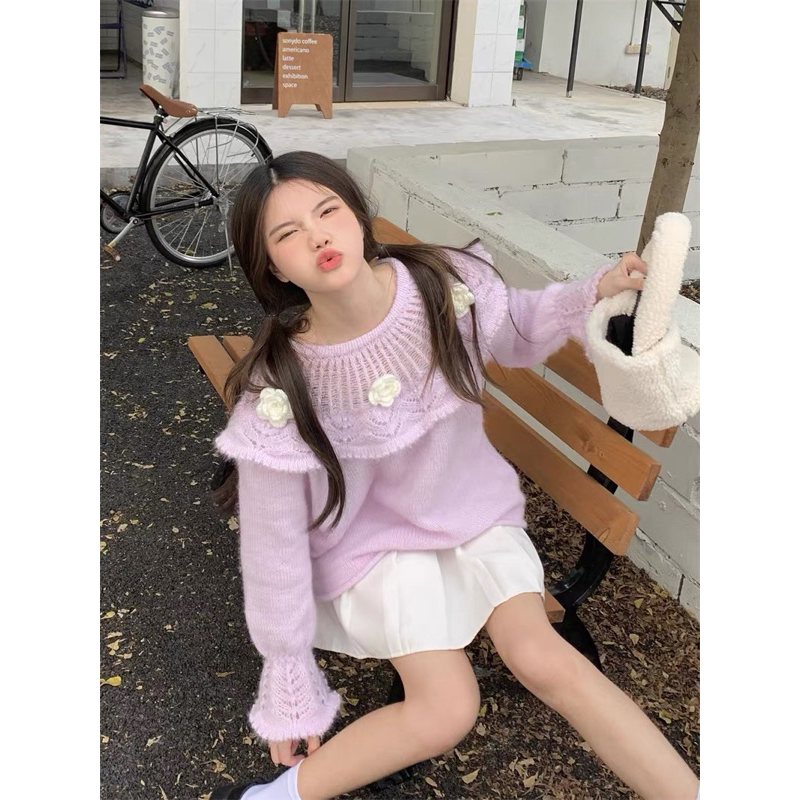 Áo Len Tím Tay Loe Đính Bông Hoa Siêu Xinh