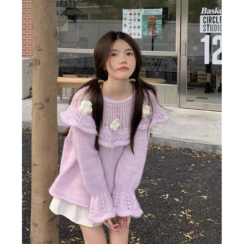 Áo Len Tím Tay Loe Đính Bông Hoa Siêu Xinh