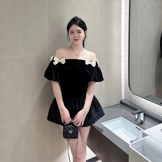 Áo nhung trễ vai tay bồng đính nơ siêu xinh a04, áo trễ vai bánh bèo hàng đẹp lekemqc