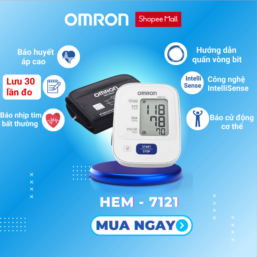 Máy đo huyết áp tự động OMRON Hem-7121/ Hem-7143T lưu kết quả 30 lần đo bảo hành 5 năm chính hãng