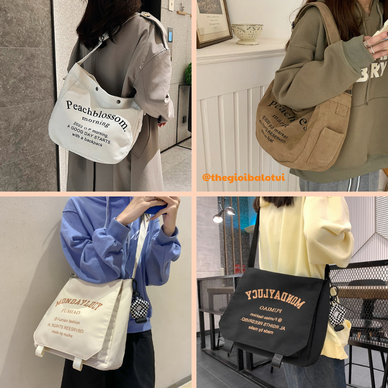 Túi tote đeo chéo vải canvas nam nữ thời trang Hàn Quốc đi học đi chơi, túi vải đeo chéo cá tính Unisex tiện dụng