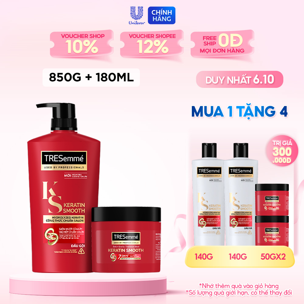 Combo Dầu Gội 850g & Kem Ủ 180ml TRESemmé Keratin Smooth với công thức Hydrolyzed Keratin Vào Nếp Suôn Mượt  chuẩn Salon