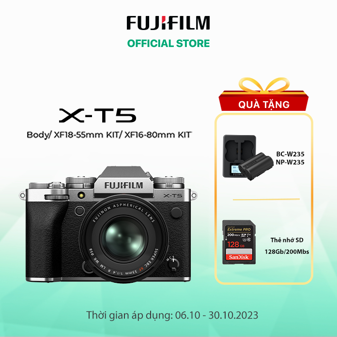 Máy ảnh kỹ thuật số Fujifilm X-T5 (Tặng: Pin 235 + Sạc 235 + Thẻ nhớ 128GB)