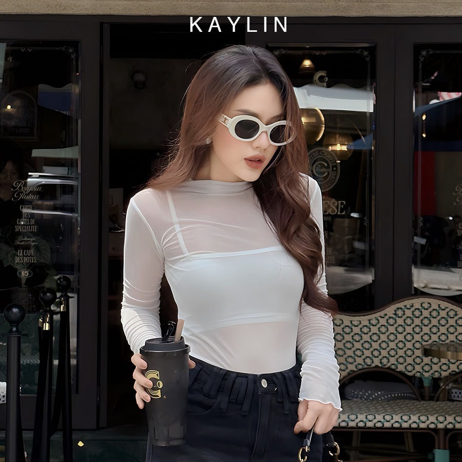 Set áo thun lưới hai lớp tay dài cổ trụ phong cách sexy gợi cảm KAYLIN - N2095