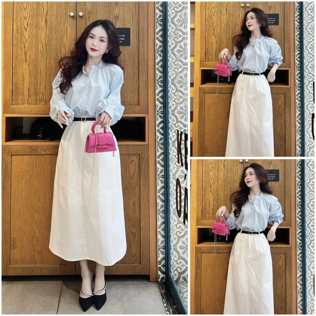 Set váy thời trang áo somi cổ V kẻ xanh mix chân váy xòe dáng dài kèm dây nịt tone màu hàn quốc thời trang vintage
