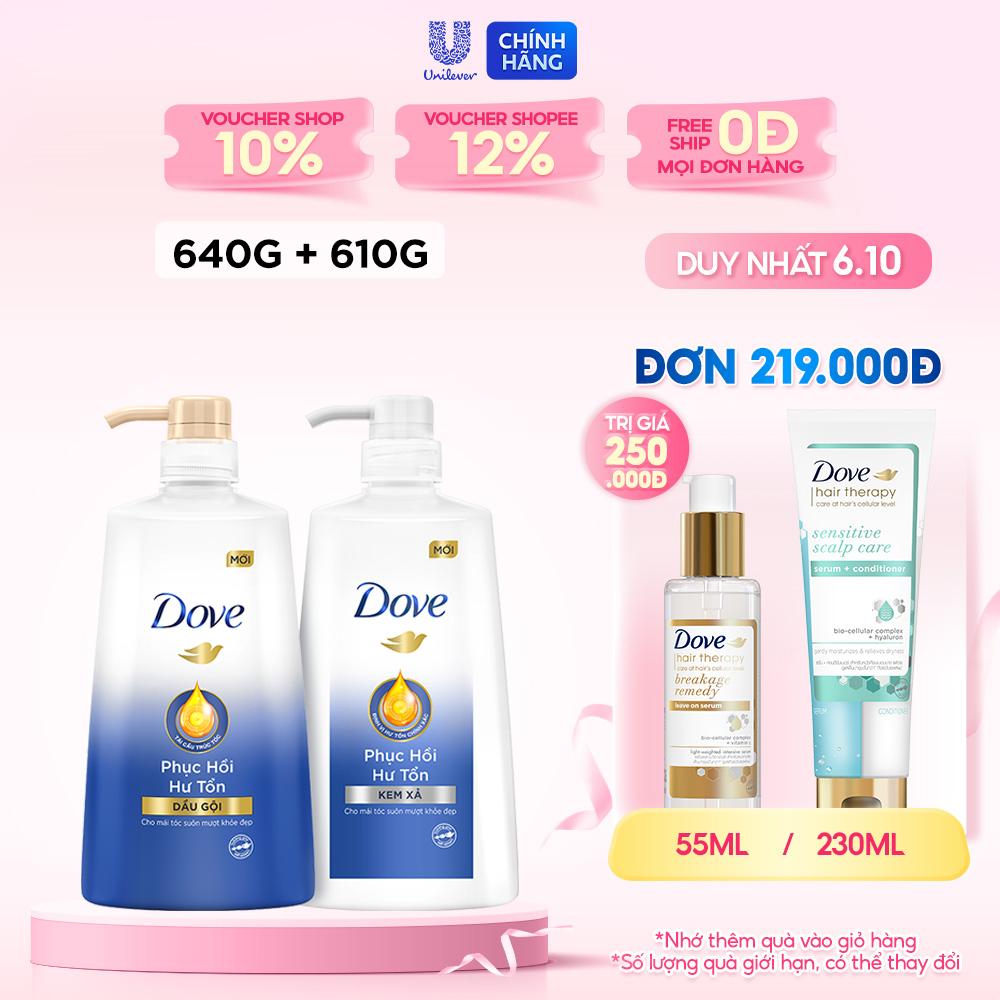 Bộ sản phẩm Dove Phục Hồi Hư Tổn dầu gội 640g + kem xả 610g