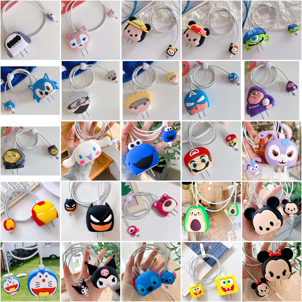 Bộ Đầu Bảo Vệ Củ Sạc Và Cáp Sạc Bằng Silicon Cho Sạc Nhanh PD 18W/20W  IPHONE 11|12|13|14|15 Họa Tiết Hoạt Hình