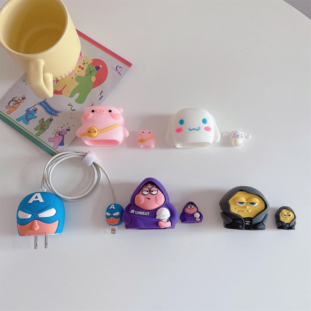 Bộ Đầu Bảo Vệ Củ Sạc Và Cáp Sạc Bằng Silicon Cho Sạc Nhanh PD 18W/20W  IPHONE 11|12|13|14|15 Họa Tiết Hoạt Hình