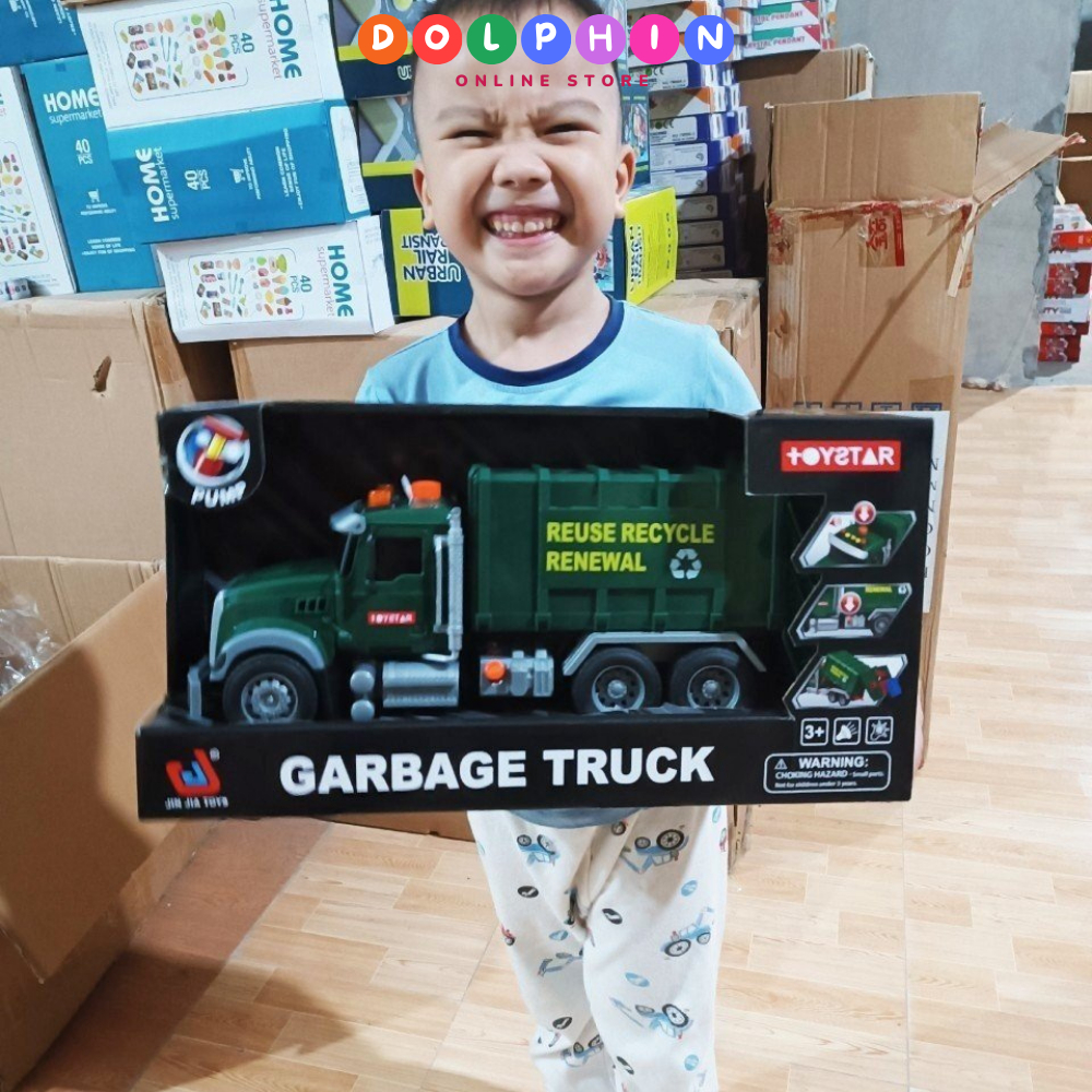 Xe đồ chơi ô tô chở rác mô hình xe cỡ lớn có âm thanh và đèn kèm 3 thùng rác cho trẻ mô phỏng như thật