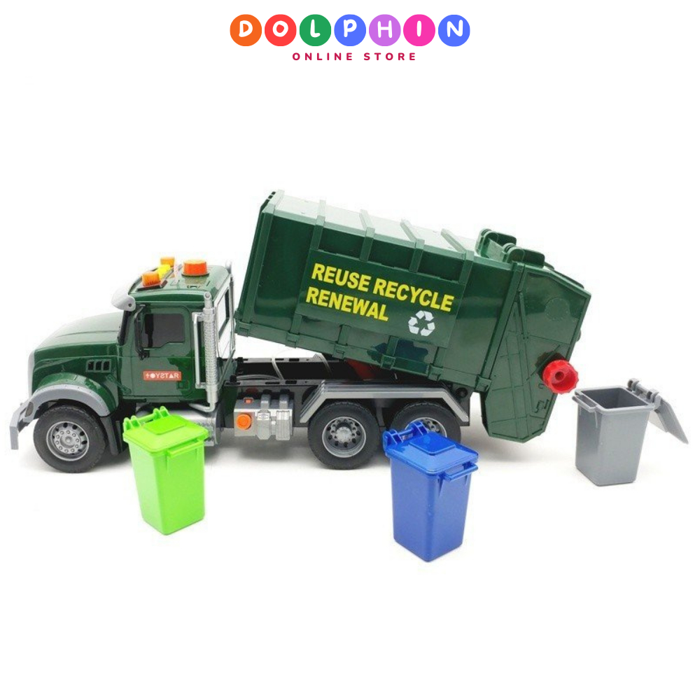 Xe đồ chơi ô tô chở rác mô hình xe cỡ lớn có âm thanh và đèn kèm 3 thùng rác cho trẻ mô phỏng như thật