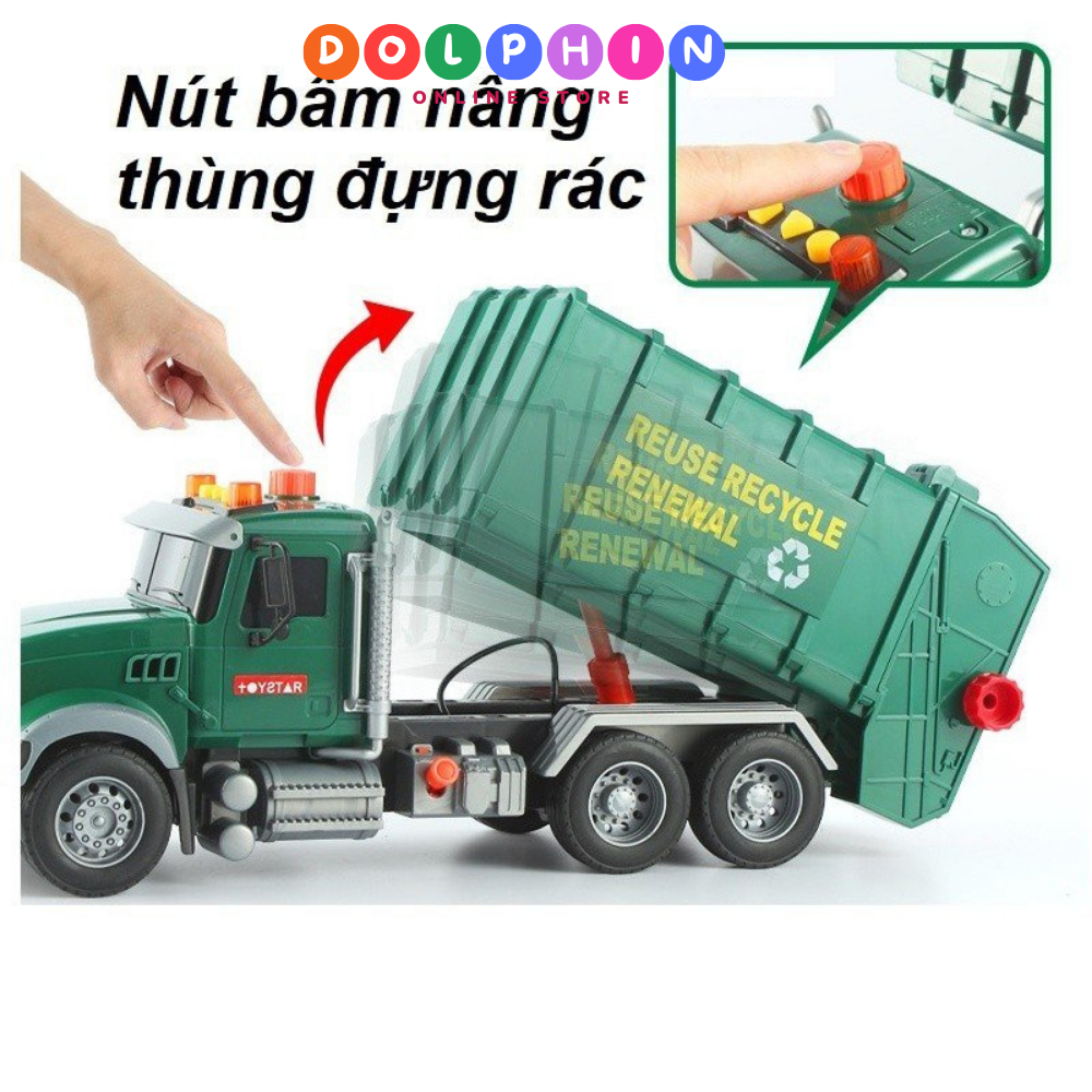 Xe đồ chơi ô tô chở rác mô hình xe cỡ lớn có âm thanh và đèn kèm 3 thùng rác cho trẻ mô phỏng như thật
