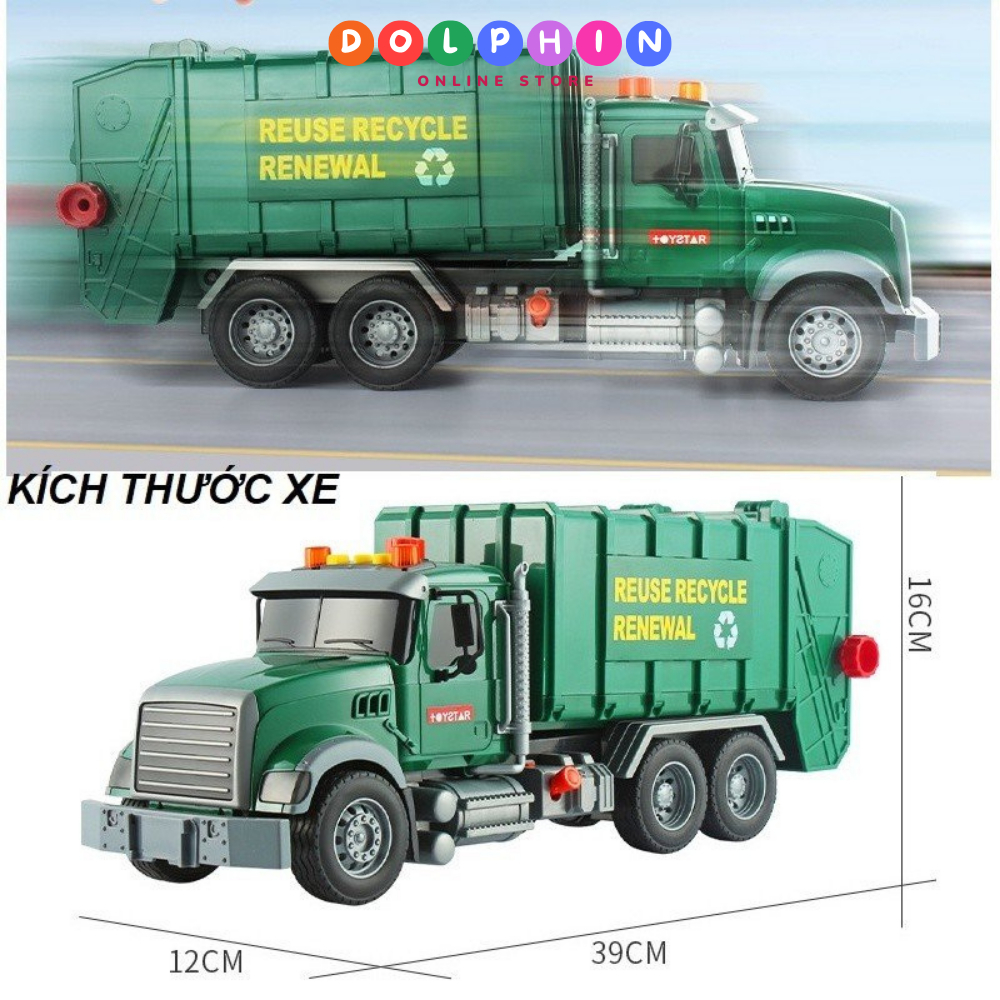 Xe đồ chơi ô tô chở rác mô hình xe cỡ lớn có âm thanh và đèn kèm 3 thùng rác cho trẻ mô phỏng như thật