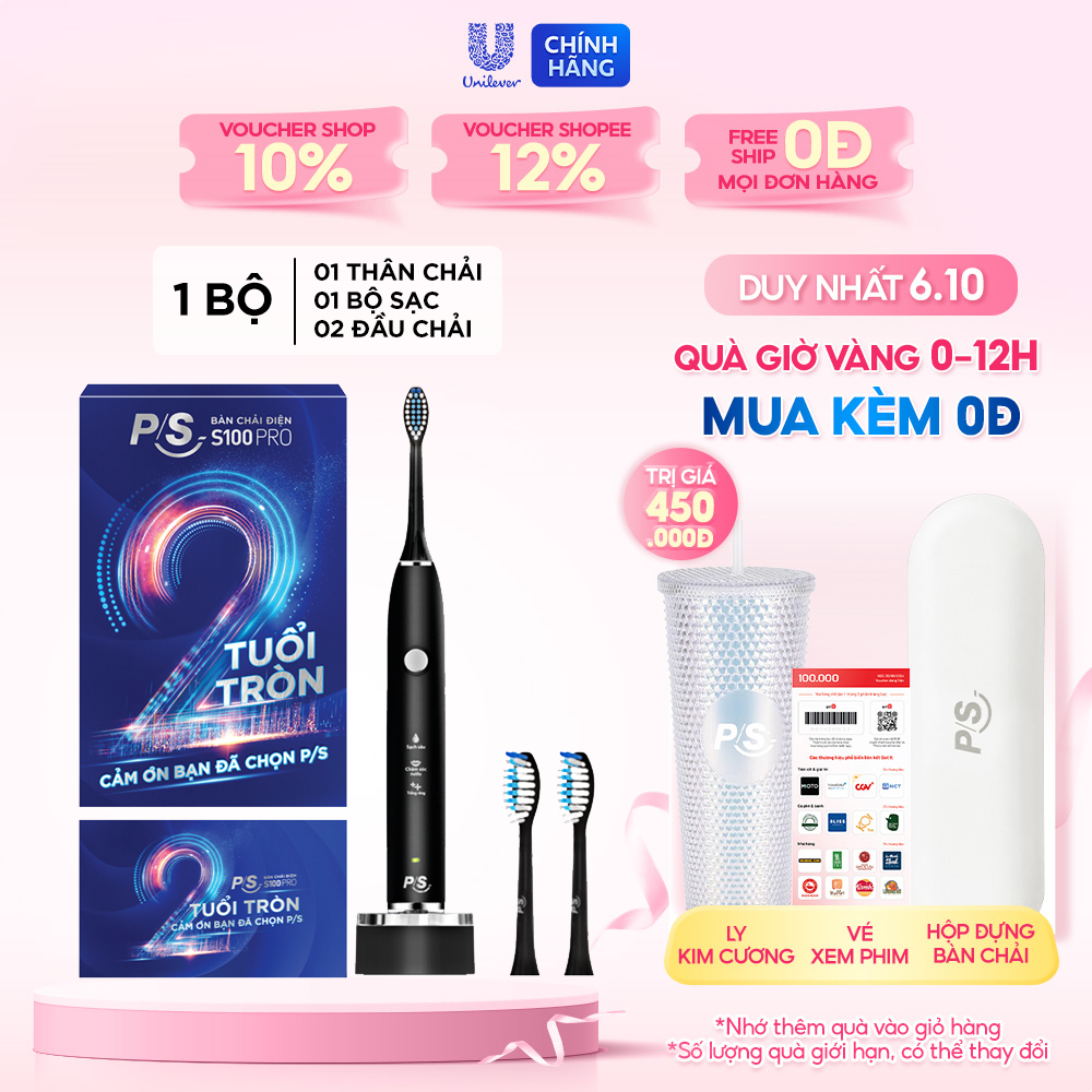 Bộ bàn Chải Điện P/S S100 PRO - Công Nghệ Sóng Âm, Chải Sạch Mảng Bám Tới 10X + Quà Sinh Nhật