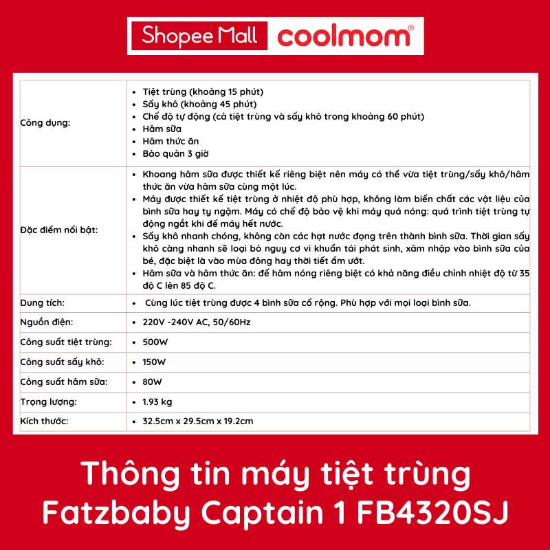 Máy tiệt trùng sấy khô thông minh tích hợp hâm sữa điện tử Fatzbaby CAPTAIN 1 FB4320SJ