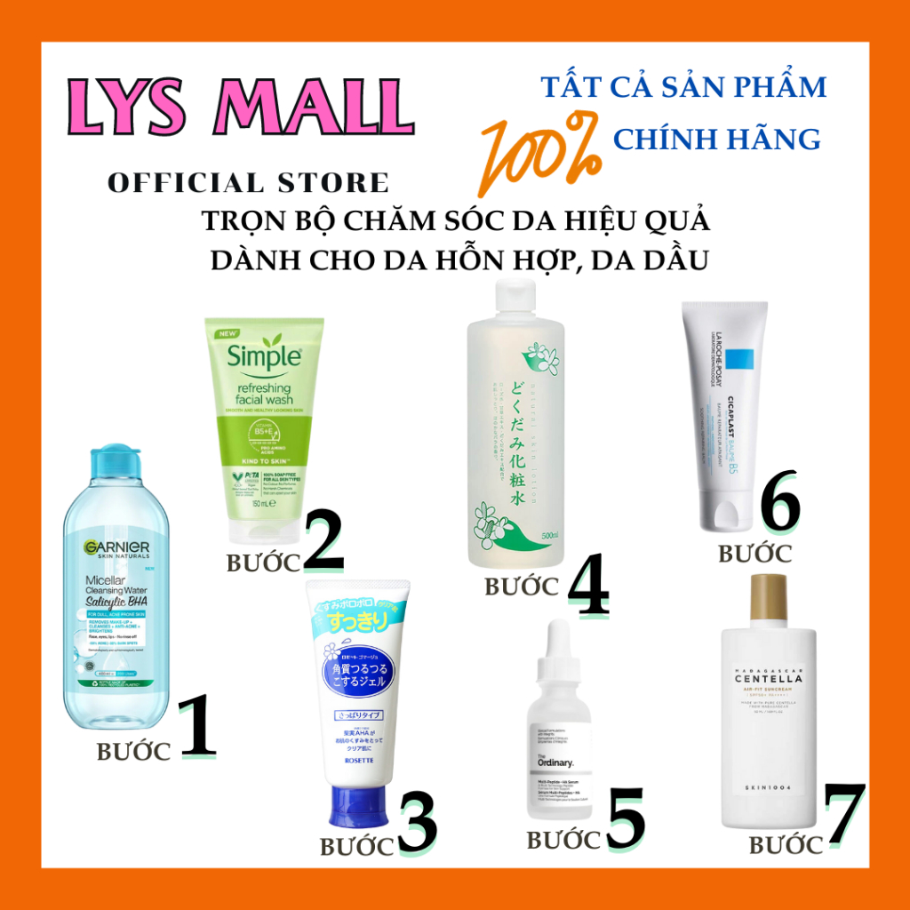 [LYS MALL] COMBO Trọn Bộ 7 Sản Phẩm SkinCare Làm Đẹp Sạch Da Dầu, Da Hỗn Hợp Lành Tính Dịu Nhẹ