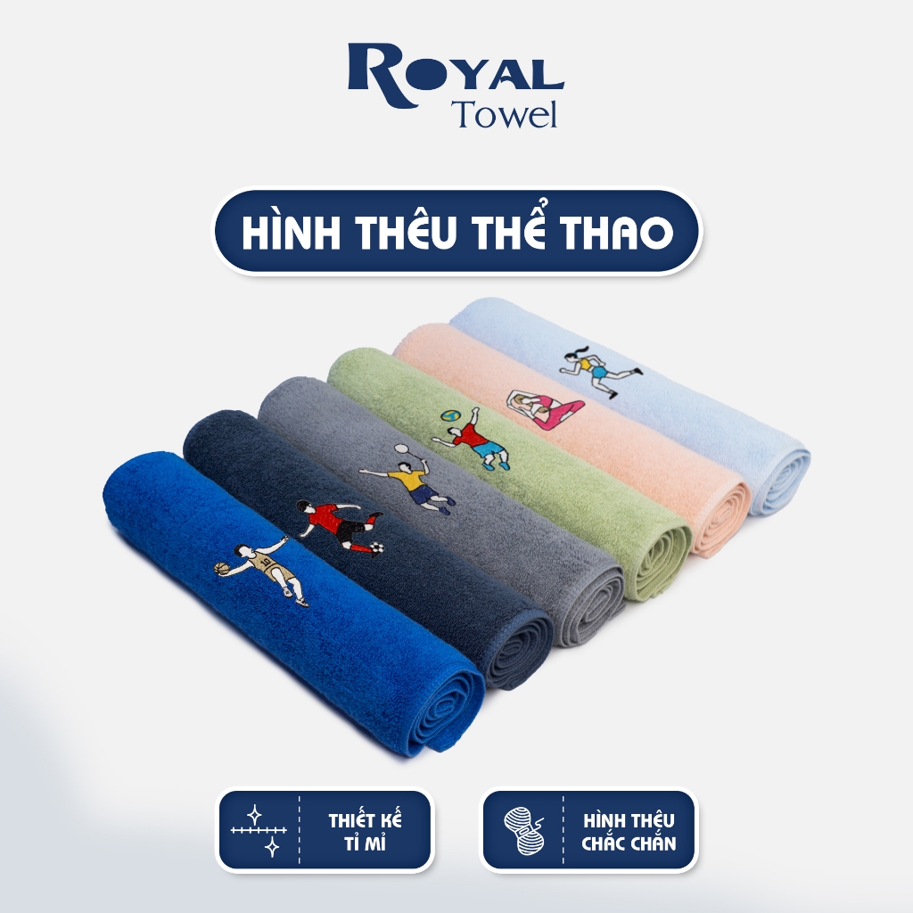 Bộ 3 khăn gội - mặt cotton cao cấp Royal Towel thêu hình thể thao với chất liệu mềm mịn, kháng khuẩn cho gia đình