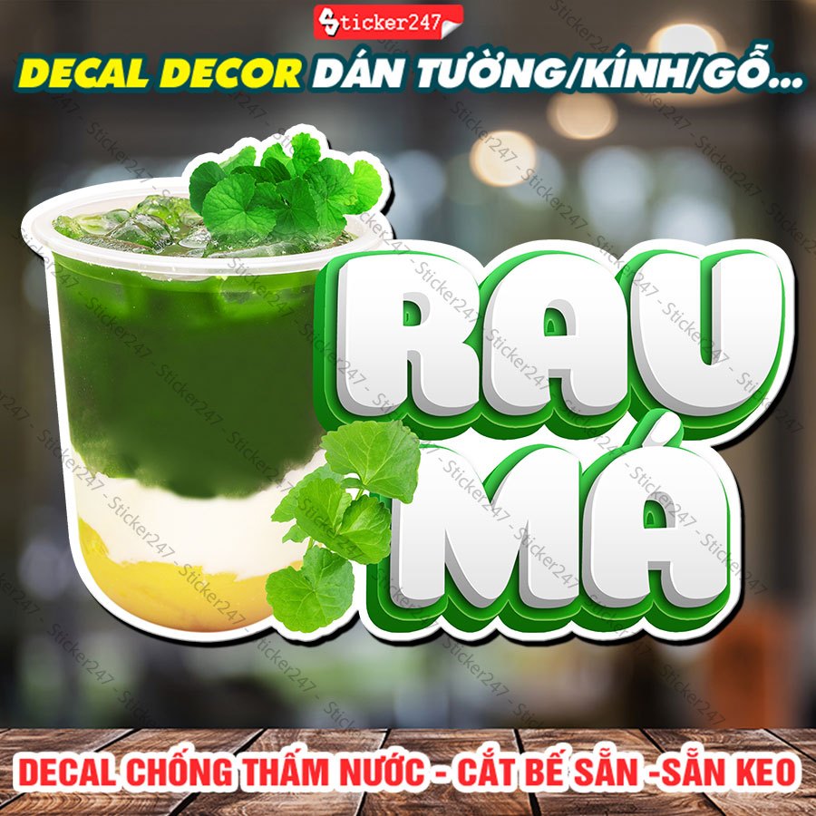 Tranh Dán Tường Rau Má 🌈 Decal Trang Trí Quán Trà Sữa, Cà Phê - Sticker Chống Thấm Nước, Chống Nắng, Cắt Sẵn