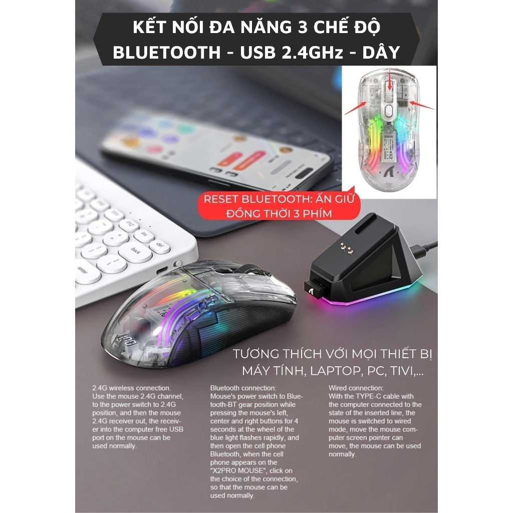 Chuột Máy Tính Không Dây Bluetooth Ziyou X2 PRO VIP Mouse LED RGB , Pin sạc cho Máy tính, Laptop PC