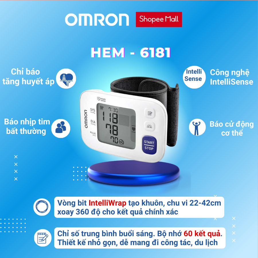 Máy đo huyết áp cổ tay OMRON HEM6181 lưu trữ 60 dữ liệu trong bộ nhớ bảo hành 5 năm chính hãng