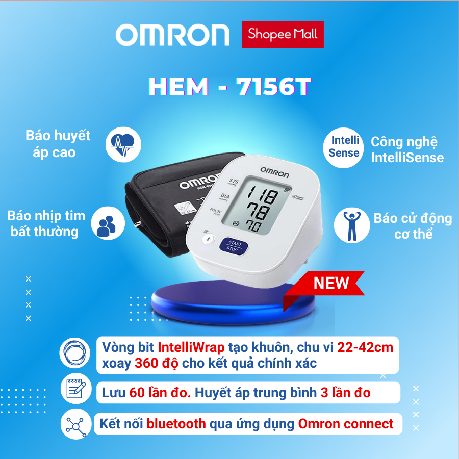 Máy đo huyết áp bắp tay tự động OMRON HEM-7156T "kết nối Bluetooth" vòng bít xoay 360 độ ôm sát chính hãng