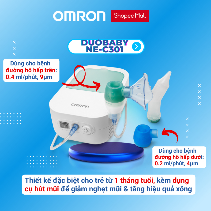 Máy xông mũi họng, phun khí dung OMRON DuoBaby™ thiết kế đặc biệt cho trẻ sơ sinh bảo hành 2 năm chính hãng