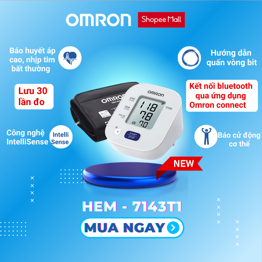 Máy đo huyết áp bắp tay tự động OMRON HEM-7143T1 "kết nối Bluetooth" bộ nhớ lưu 30 lần đo