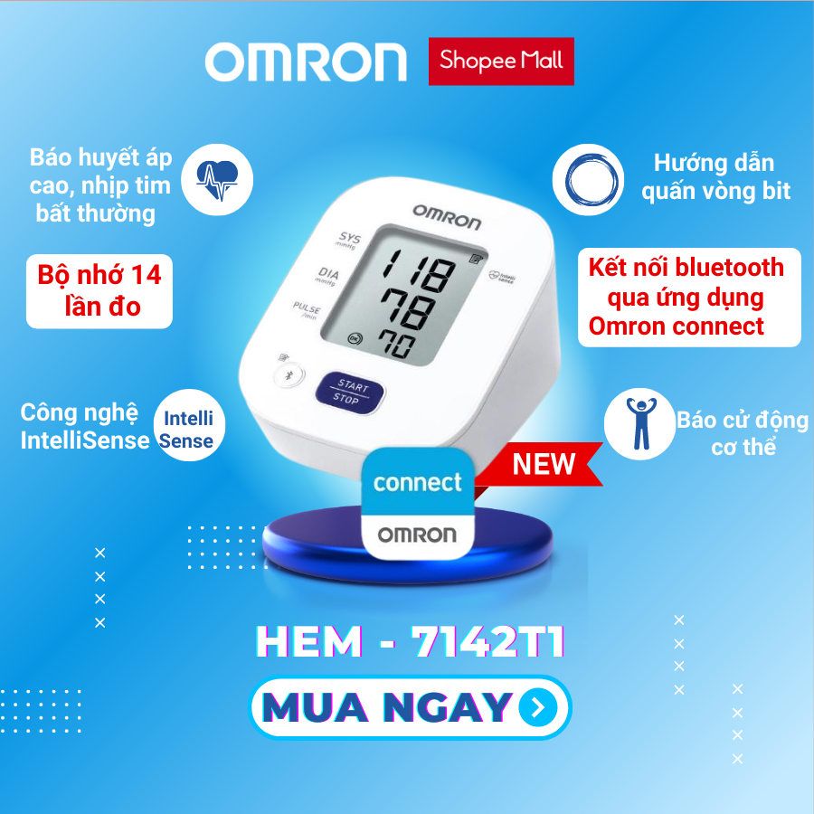 Máy huyết áp bắp tay tự động OMRON HEM-7142T1 "kết nối Bluetooth" bộ nhớ lưu 14 lần đo - OMRON