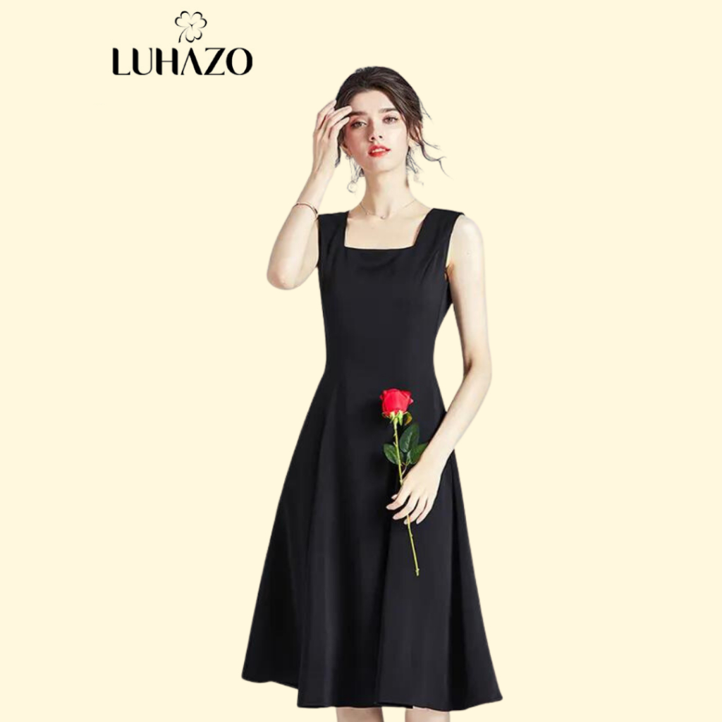 Váy 2 dây len cổ vuông dáng dài LUHAZO hở vai cho nữ màu basic che khuyết điểm dễ mặc tôn dáng M60 B2-13