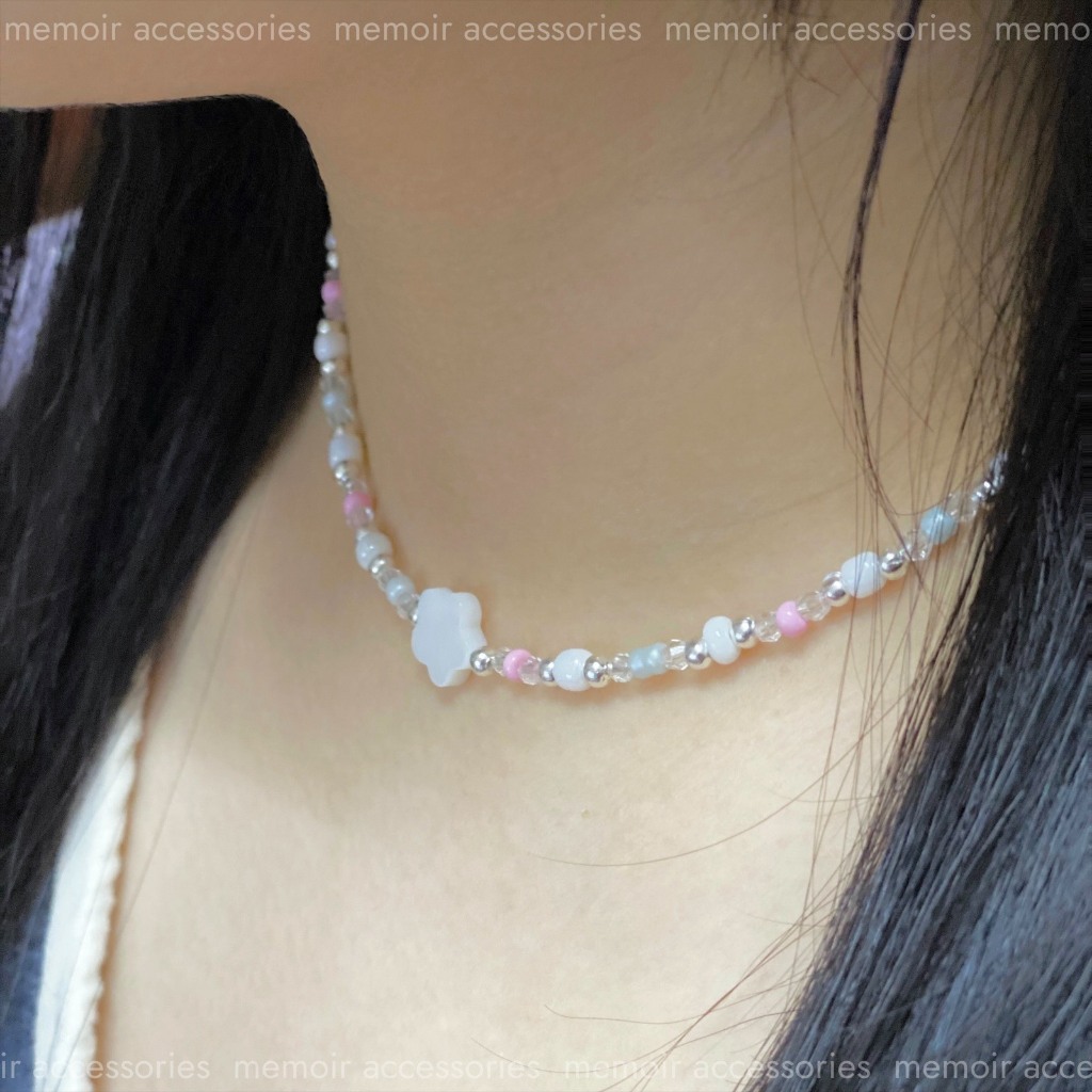 Pastel / Vòng cổ mặt xà cừ mix hạt cườm trong trẻo tươi sáng hồng hào