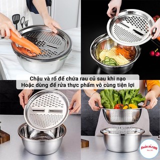 BỘ nạo củ quả lúa mạch - Bộ rổ, chậu kèm nạo rau củ quả inox đa năng 3in1 cao cấp