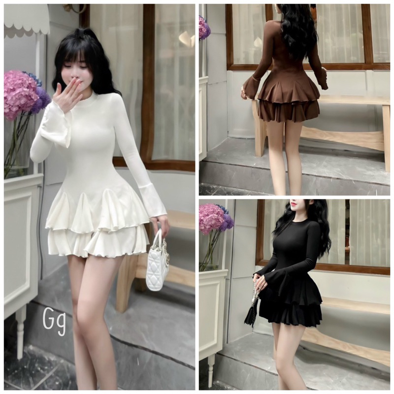 Set Áo Gân Tay dài Loe Ôm + Chân váy Xoè MaM, Set Đầm ôm Phối Váy ngắn