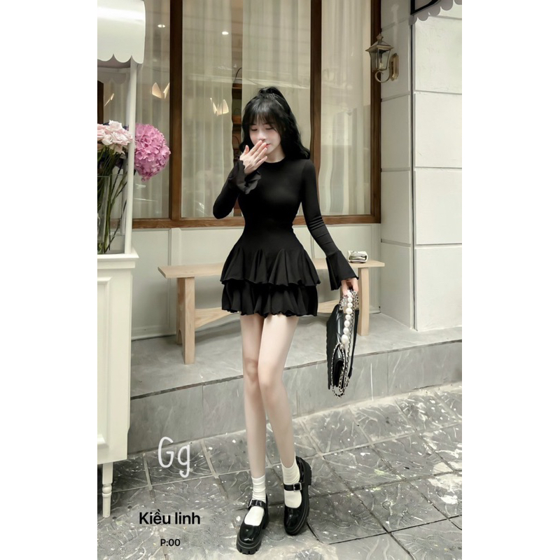 Set Áo Gân Tay dài Loe Ôm + Chân váy Xoè MaM, Set Đầm ôm Phối Váy ngắn