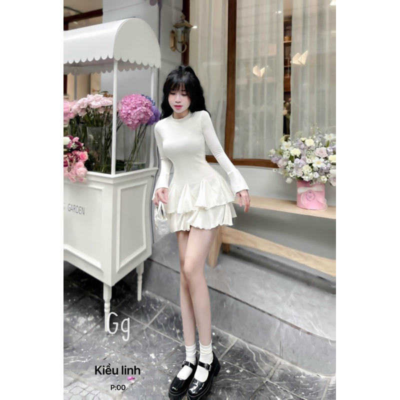 Set Áo Gân Tay dài Loe Ôm + Chân váy Xoè MaM, Set Đầm ôm Phối Váy ngắn