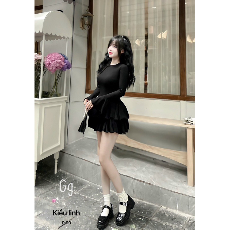 Set Áo Gân Tay dài Loe Ôm + Chân váy Xoè MaM, Set Đầm ôm Phối Váy ngắn