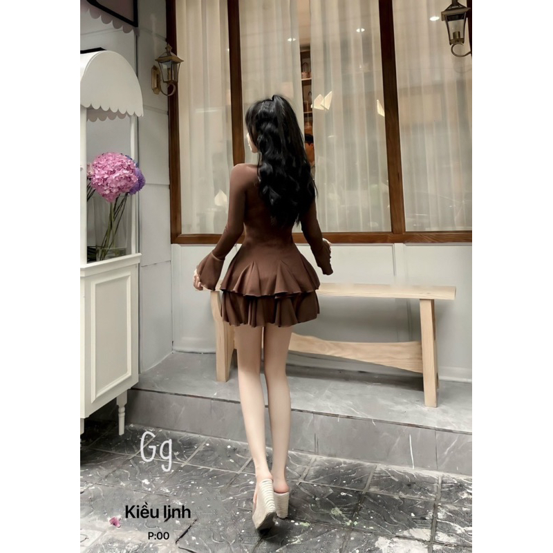 Set Áo Gân Tay dài Loe Ôm + Chân váy Xoè MaM, Set Đầm ôm Phối Váy ngắn