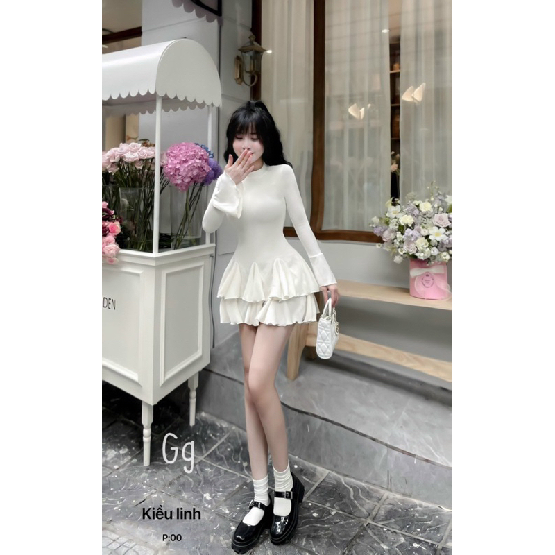 Set Áo Gân Tay dài Loe Ôm + Chân váy Xoè MaM, Set Đầm ôm Phối Váy ngắn