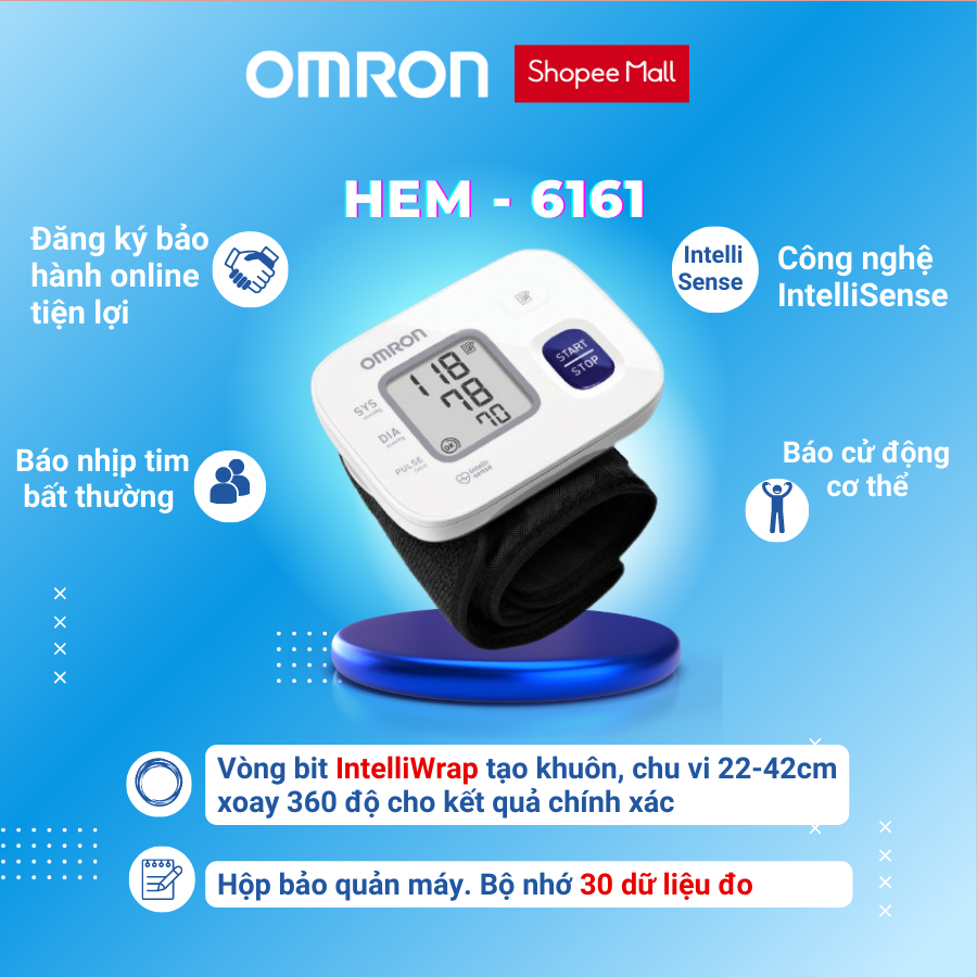 Máy đo huyết áp cổ tay tự động OMRON HEM-6161 dễ dàng thao tác bảo hành chính hãng 2 năm