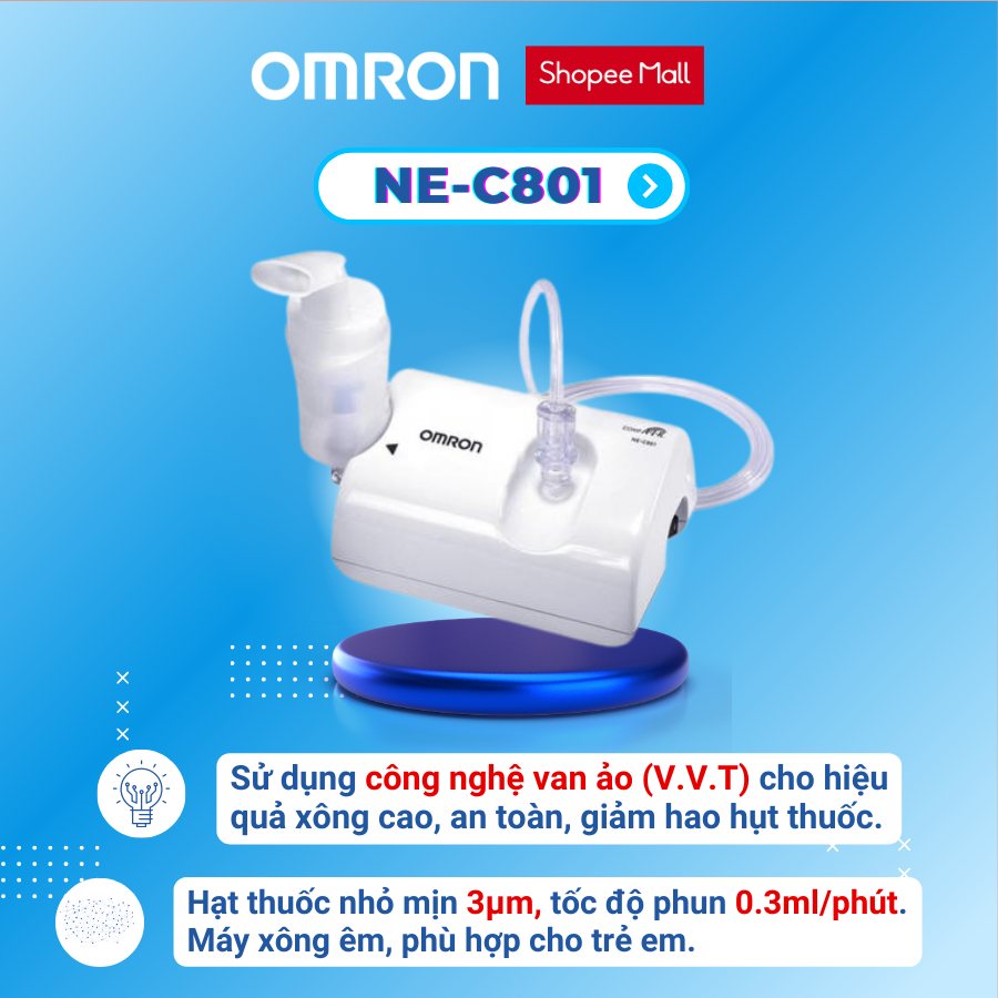Máy xông mũi họng, khí dung OMRON NE-C801 cho trẻ em và người lớn bảo hành 2 năm chính hãng
