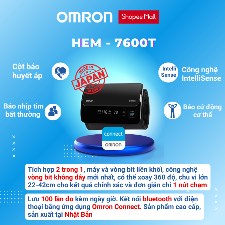 Máy đo huyết áp thông minh xoay 360 độ OMRON Smart Elite HEM-7600T bảo hành 5 năm chính hãng