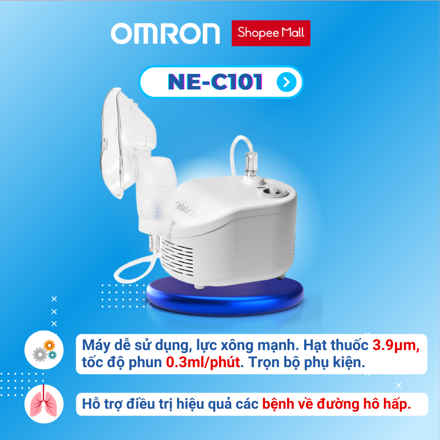 Máy xông khí dung OMRON NE-C101 thế hệ mới thông mũi họng cho người lớn và trẻ em bảo hành 2 năm chính hãng