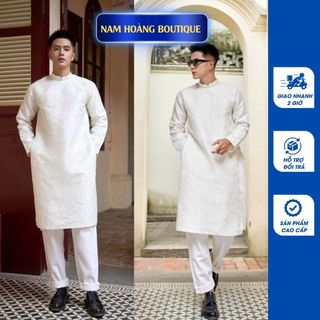 [Hỏa tốc giao 2h] Áo dài nam cách tân màu trắng chất gấm vân nổi cực sang và cá tính, thanh lịch - Áo dài Tết Nam Hoàng
