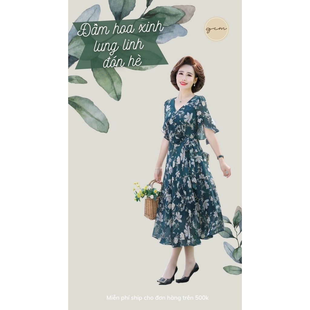Đầm trung niên , Váy trung niên sang trọng cho mẹ U40,U50, che khuyết điểm, dáng xòe hoa xanh