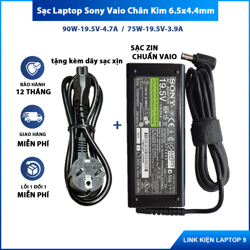 Sạc Laptop Sony Vaio 90W 19.5V 4.7A, 75W 19.5V 3.9A Chân Kim 6.5x4.4mm Kèm Dây Nguồn Bảo Hành 12 Tháng Mới 100%