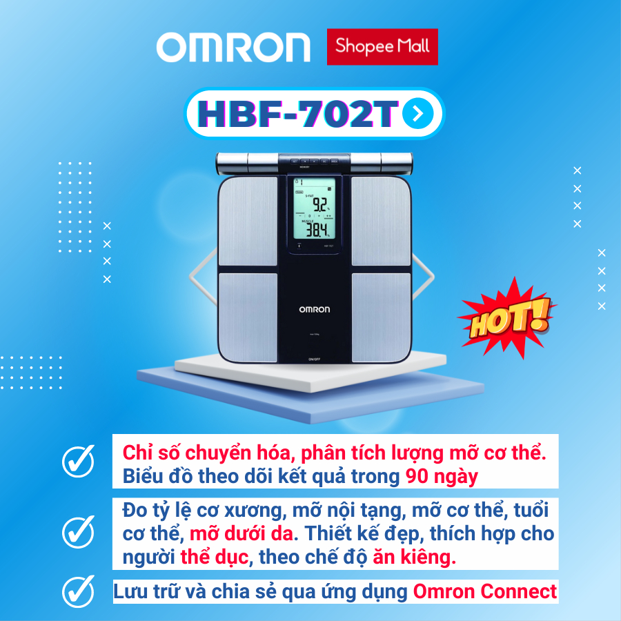 Cân đo thành phần cơ thể cao cấp OMRON HBF-702T kết nối bluetooth và ứng dụng OMRON connect bảo hành 2 năm chính hãng