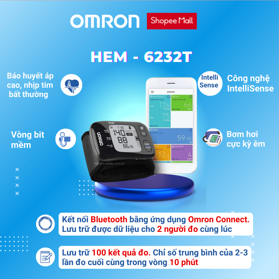 Máy đo huyết áp cổ tay OMRON HEM-6232T kết nối với ứng dụng Connect Bluetooth bảo hành 5 năm chính hãng