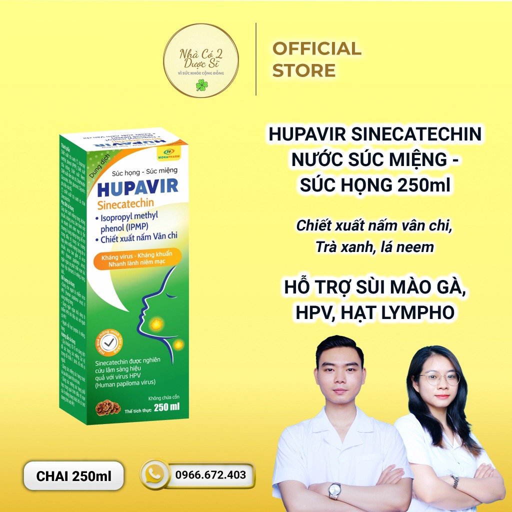 Nước súc miệng súc họng Hupavir 250ml chiết xuất nấm vân chi, trà xanh, lá neem hỗ trợ sùi, hạt lympho cho cả nam và nữ