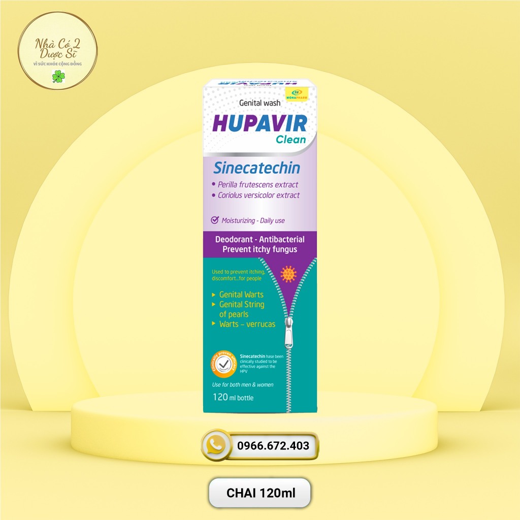 Dung dịch vệ sinh Hupavir Sinecatechin Clean 120ml hỗ trợ Sùi mào gà, gai, herpes rửa hàng ngày cho cả nam và nữ