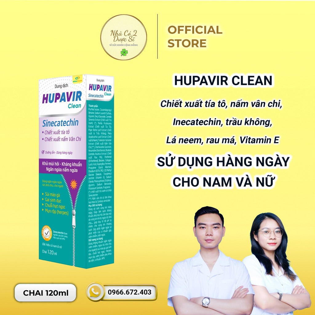 Dung dịch vệ sinh Hupavir Sinecatechin Clean 120ml hỗ trợ Sùi mào gà, gai, herpes rửa hàng ngày cho cả nam và nữ
