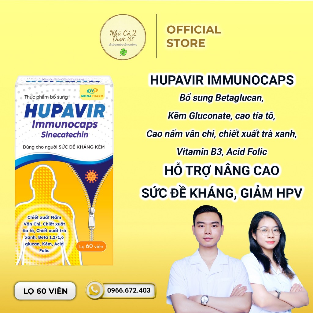 Viên uống Hupavir Immunocaps tăng đề kháng hộp 60 viên - thực phẩm hỗ trợ tăng đào thải hpv, sùi mào gà cho nam và nữ